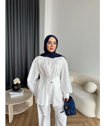 Hen - Mihra Bel Detaylı Gömlek - Beyaz