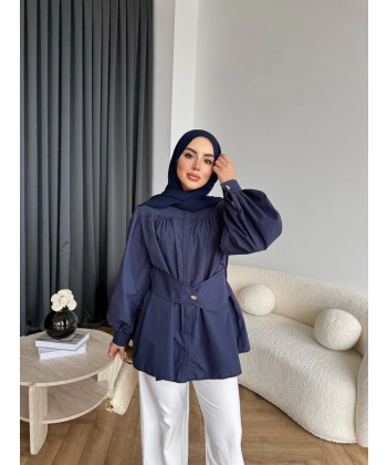 Hen - Mihra Bel Detaylı Gömlek - Lacivert - ÖN SİPARİŞ