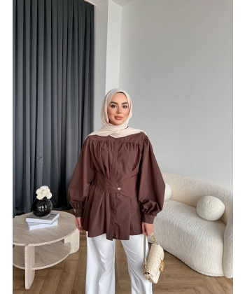Hen - Mihra Bel Detaylı Gömlek - Kahve - ÖN SİPARİŞ