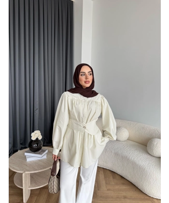 Hen - Mihra Bel Detaylı Gömlek - Ekru - ÖN SİPARİŞ