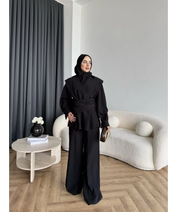 Duq - Gofre Çizgili Takım - Siyah