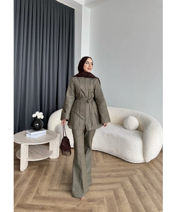 Fuş - Taş Detaylı Fermuarlı Pantolonlu Takım - Haki