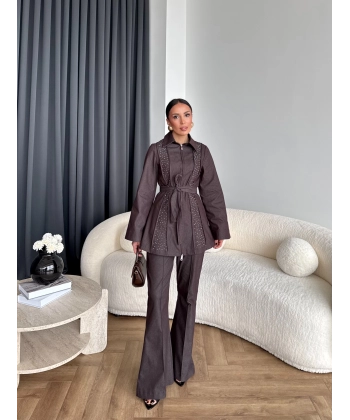 Fuş - Taş Detaylı Fermuarlı Pantolonlu Takım - Kahverengi