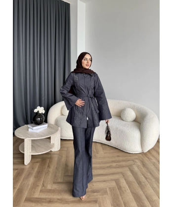 Fuş - Taş Detaylı Fermuarlı Pantolonlu Takım - Lacivert