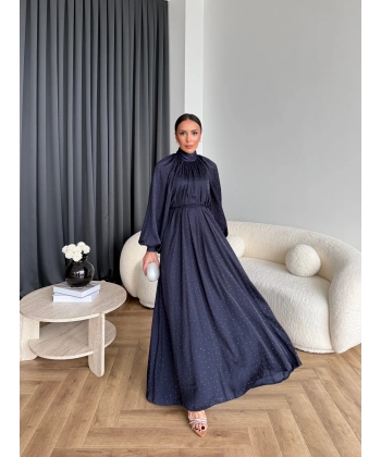 Hew - Gasto Taşlı Saten Elbise - Lacivert