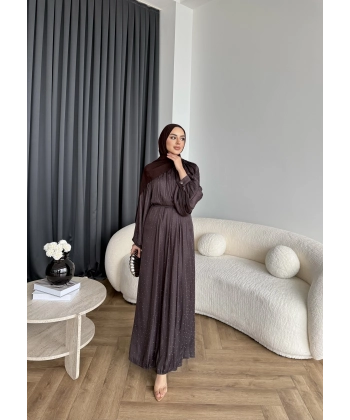 Hew - Gasto Taşlı Saten Elbise - Kahve