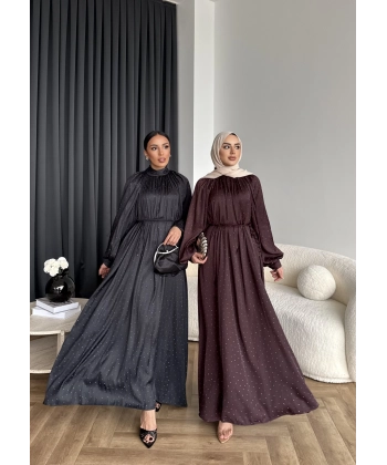 Hew - Gasto Taşlı Saten Elbise - Bordo