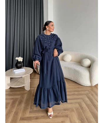 Fuş - Evelia Çiçekli Taşlı Elbise - Lacivert