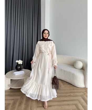 Fuş - Evelia Çiçekli Taşlı Elbise - Bej