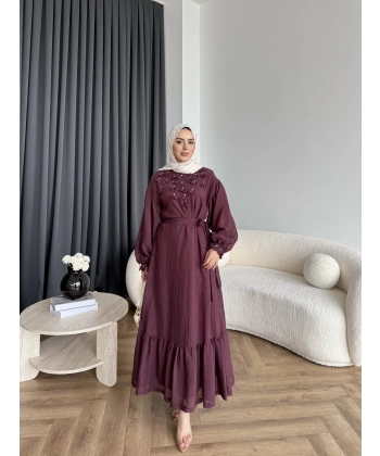 Fuş - Evelia Çiçekli Taşlı Elbise - Bordo