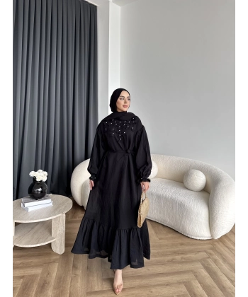 Fuş - Evelia Çiçekli Taşlı Elbise - Siyah