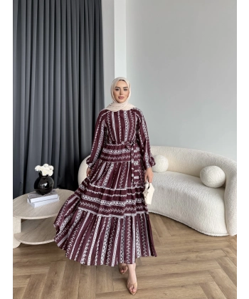 Hew - Warm Bağcıklı Deseneli Elbise - Bordo