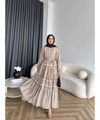 Hew - Warm Bağcıklı Deseneli Elbise - Vizon