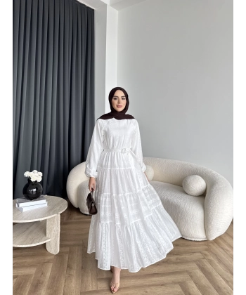 Hew - Warm Bağcıklı Deseneli Elbise - Ekru