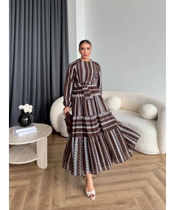 Hew - Warm Bağcıklı Deseneli Elbise - Kahve