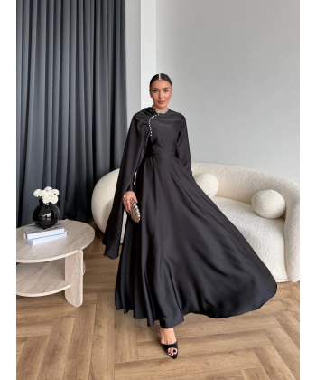 Fuş - Honey Şal Detaylı Saten Elbise - Siyah