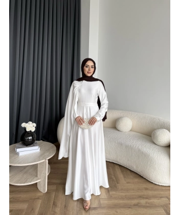 Fuş - Honey Şal Detaylı Saten Elbise - Ekru