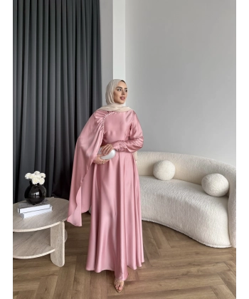 Fuş - Honey Şal Detaylı Saten Elbise - Pudra