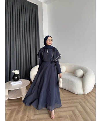 Fuş - Chic Nakış Detay Parlak Tensel Elbise - Lacivert