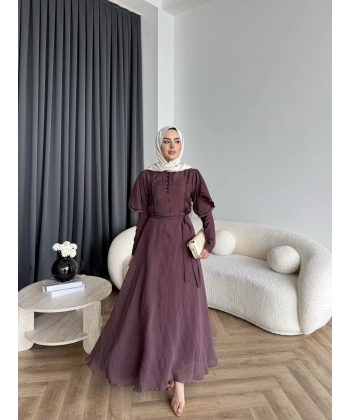 Fuş - Chic Nakış Detay Parlak Tensel Elbise - Mürdüm