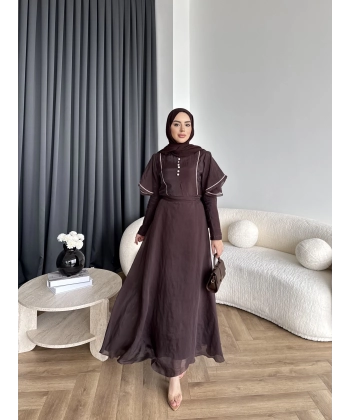 Fuş - Chic Nakış Detay Parlak Tensel Elbise - Kahve