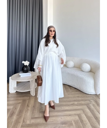 Qu - Yarasa Kol Brode Etekli Takım - Beyaz