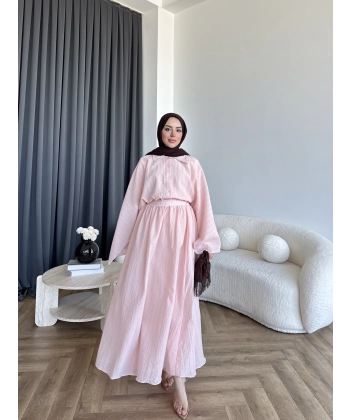 Qu - Yarasa Kol Brode Etekli Takım - Pembe