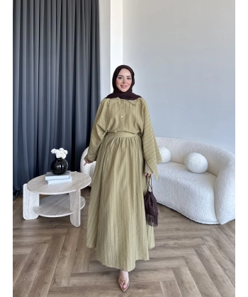 Qu - Yarasa Kol Brode Etekli Takım - Yağ Yeşili