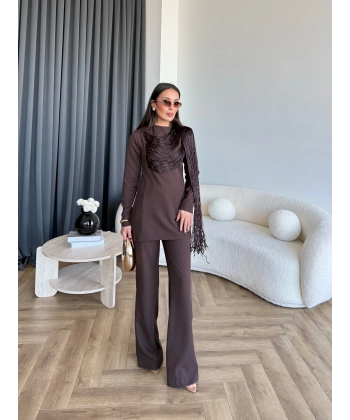 Fuş - Luxe Omuzu Püskül İpli Takım - Acı Kahve