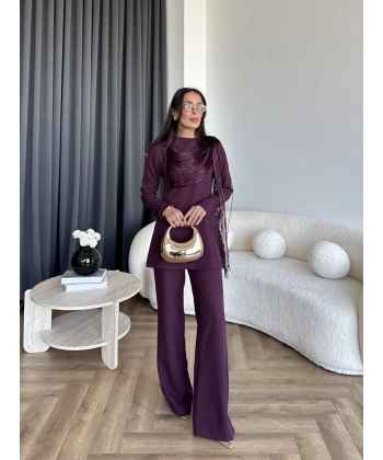 Fuş - Luxe Omuzu Püskül İpli Takım - Bordo