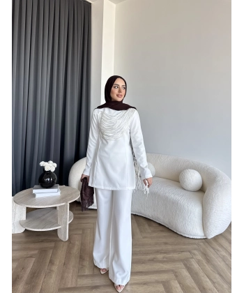 Fuş - Luxe Omuzu Püskül İpli Takım - Beyaz