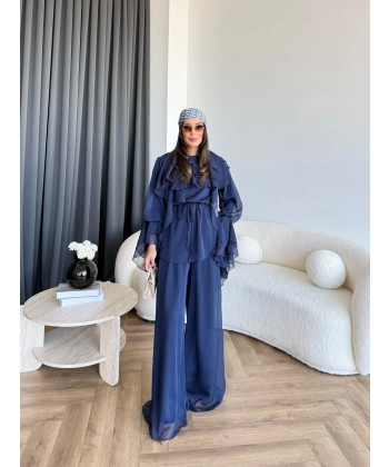 Fuş - Volan Kol Şifon Takım - Lacivert - ÖN SİPARİŞTİR