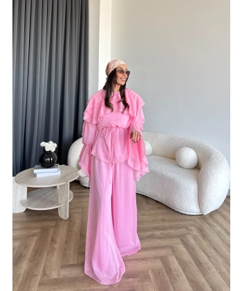 Fuş - Volan Kol Şifon Takım - Pembe - ÖN SİPARİŞTİR