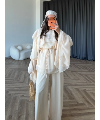 Fuş - Volan Kol Şifon Takım - Bej - ÖN SİPARİŞTİR