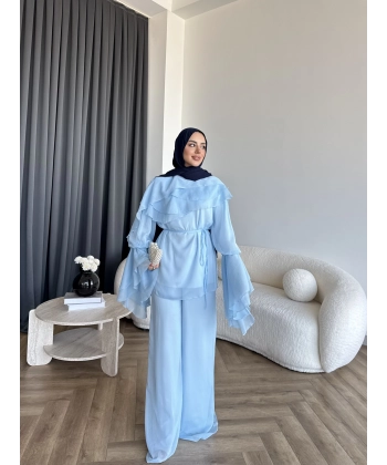 Fuş - Volan Kol Şifon Takım - Mavi - ÖN SİPARİŞTİR