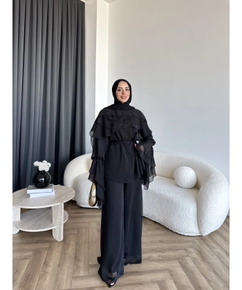 Fuş - Volan Kol Şifon Takım - Siyah - ÖN SİPARİŞTİR