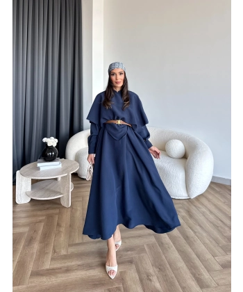 Qu - Aller Pelerinli Modal Elbise - Lacivert