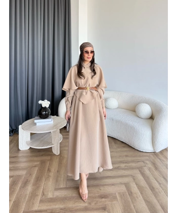 Qu - Aller Pelerinli Modal Elbise - Camel