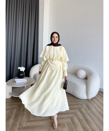 Qu - Aller Pelerinli Modal Elbise - Sarı