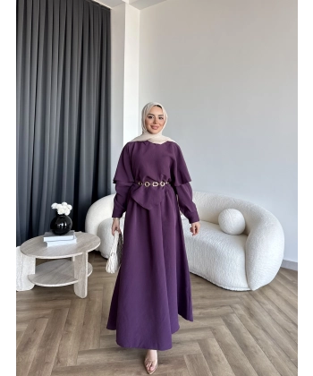 Qu - Aller Pelerinli Modal Elbise - Mor