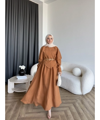 Qu - Aller Pelerinli Modal Elbise - Kiremit