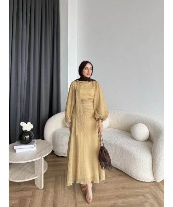 Qu - Salkım Belden Oturtmalı Elbise - Yağ Yeşil