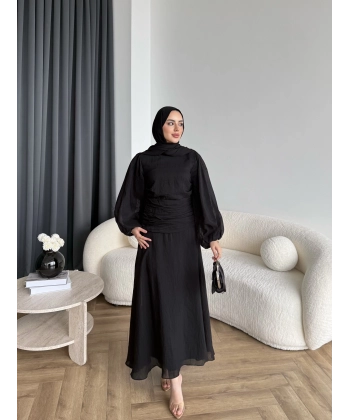 Qu - Salkım Belden Oturtmalı Elbise - Siyah