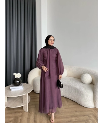 Qu - Salkım Belden Oturtmalı Elbise - Mürdüm