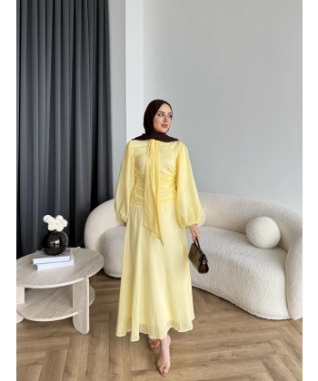 Qu - Salkım Belden Oturtmalı Elbise - Sarı