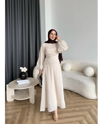 Qu - Salkım Belden Oturtmalı Elbise - Bej