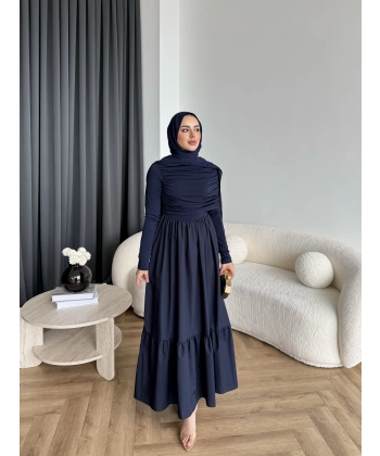 Hen - Helen Büzgülü Sandy Poplin Elbise - Lacivert