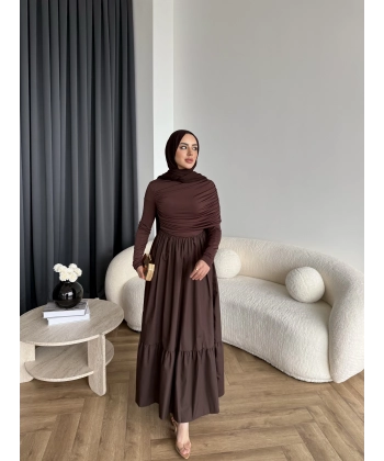 Hen - Helen Büzgülü Sandy Poplin Elbise - Acı Kahve