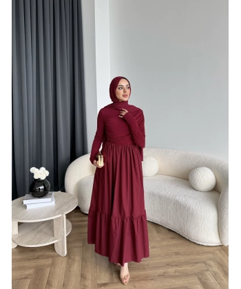 Hen - Helen Büzgülü Sandy Poplin Elbise - Bordo