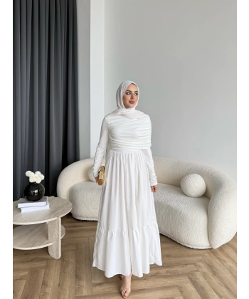 Hen - Helen Büzgülü Sandy Poplin Elbise - Beyaz